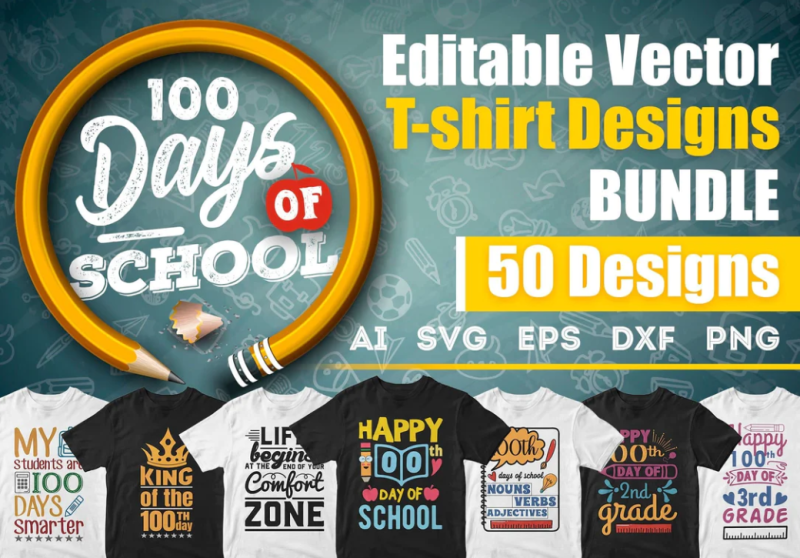 Boost Your School Spirit with 100 Days of School: 50 Editable T-shirt Designs Bundle