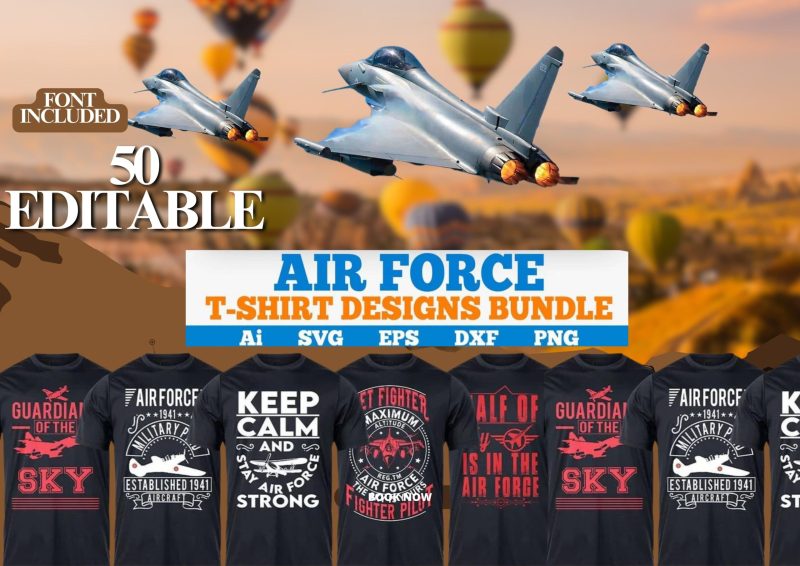 Flying High: Airforce 50 Editable T-shirt Designs Bundle Part 1