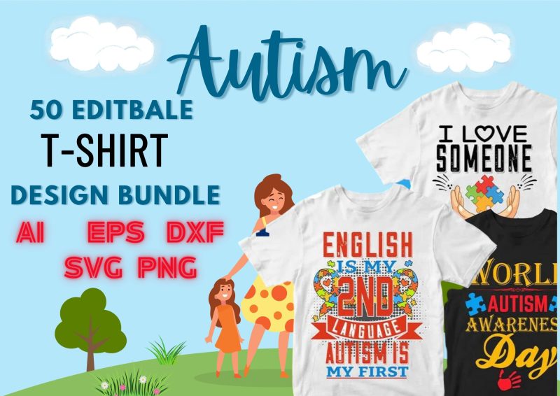 Embrace Neurodiversity: Autism 50 Editable T-shirt Designs Bundle