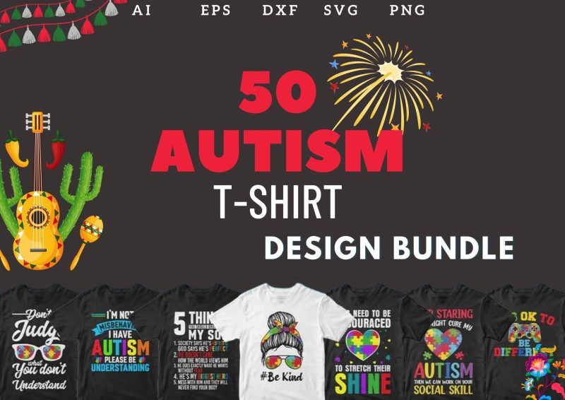 Embracing Neurodiversity: Autism 50 Editable T-shirt Designs Bundle Part 2