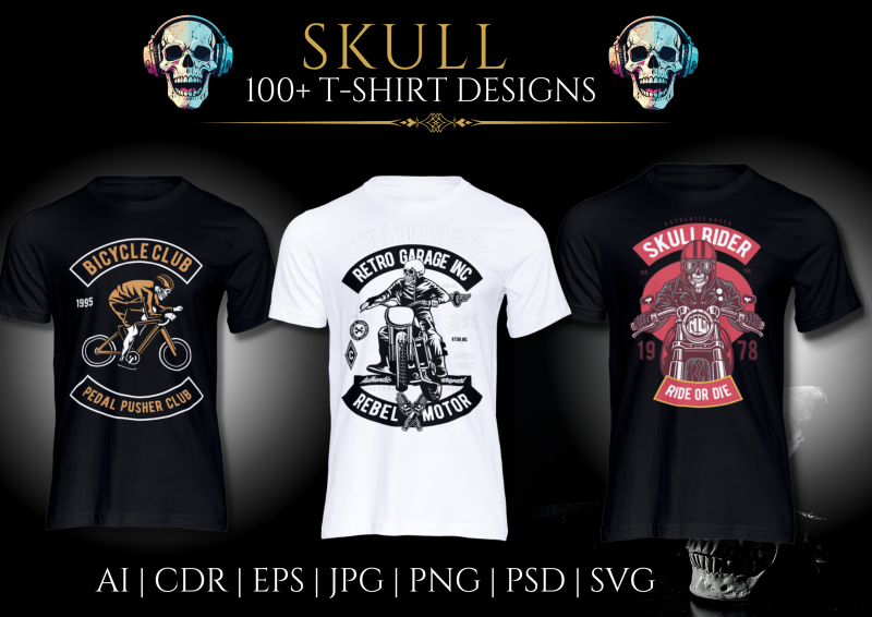 SKULL 100 T-Shirt Design Bundle: Embrace the Dark and Daring