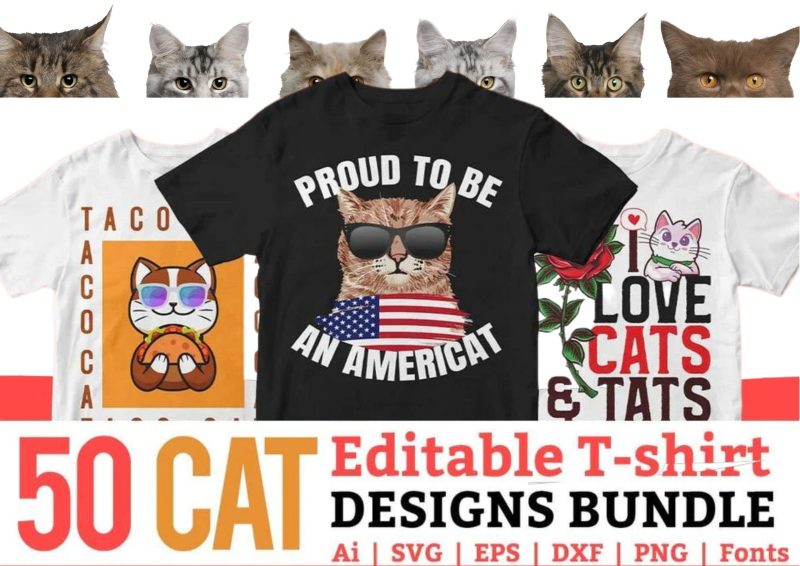 Feline Fashion: Cat 50 Editable T-Shirt Designs Bundle Part 1