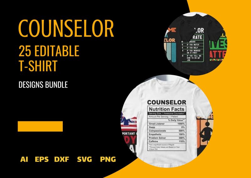Empower with Style: The Counselor 25 Editable T-shirt Designs Bundle