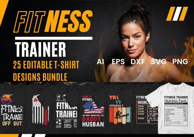 Elevate Your Fitness Style: Fitness Trainer 25 Editable T-shirt Designs Bundle