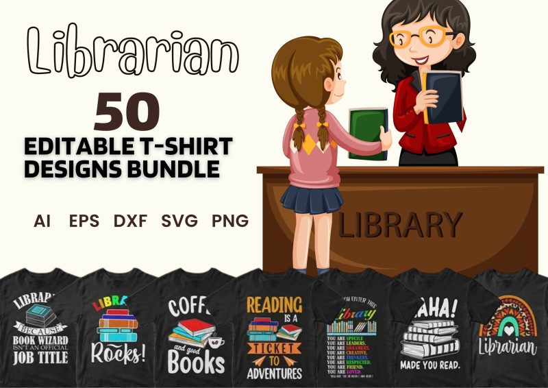 Literary Elegance: Librarian 50 Editable T-shirt Designs Bundle Part 1