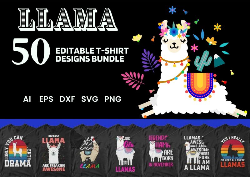 Llama Love: Llama 50 Editable T-Shirt Designs Bundle Part 1
