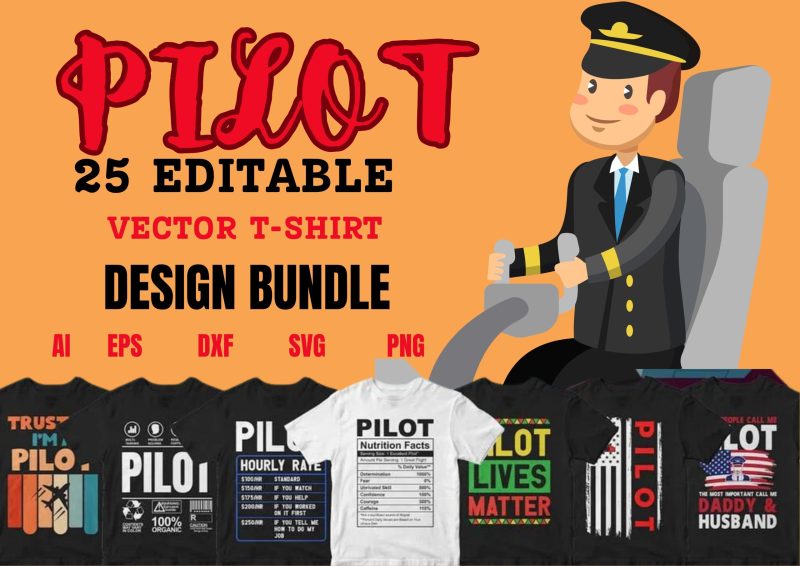 Soar in Style: Pilot 25 Editable T-shirt Designs Bundle