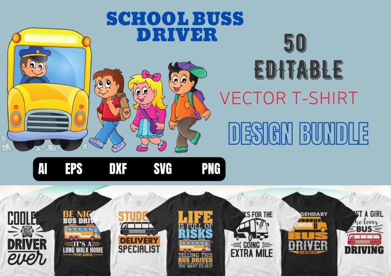 Navigating in Style: School Bus Driver 50 Editable T-shirt Designs Bundle Part 1