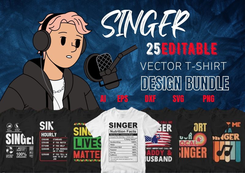 Harmonize in Style: Singer 25 Editable T-shirt Designs Bundle