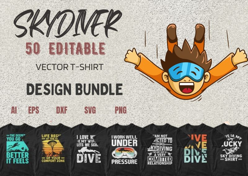 Soaring in Style: Skydiver 50 Editable T-shirt Designs Bundle Part 1