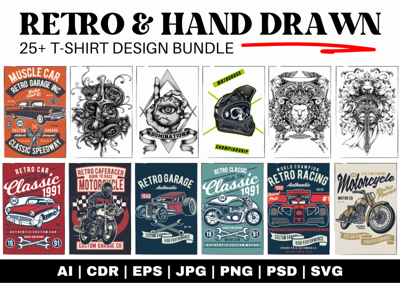 Embrace Nostalgia with the 25 Retro & Hand-Drawn T-Shirt Design Bundle